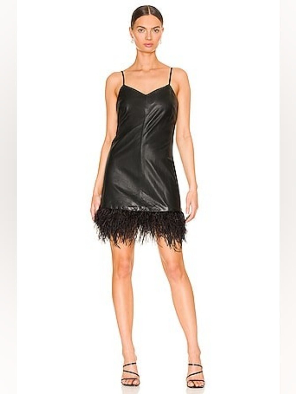 Black Faux Leather Leather Dress with Feather Hem